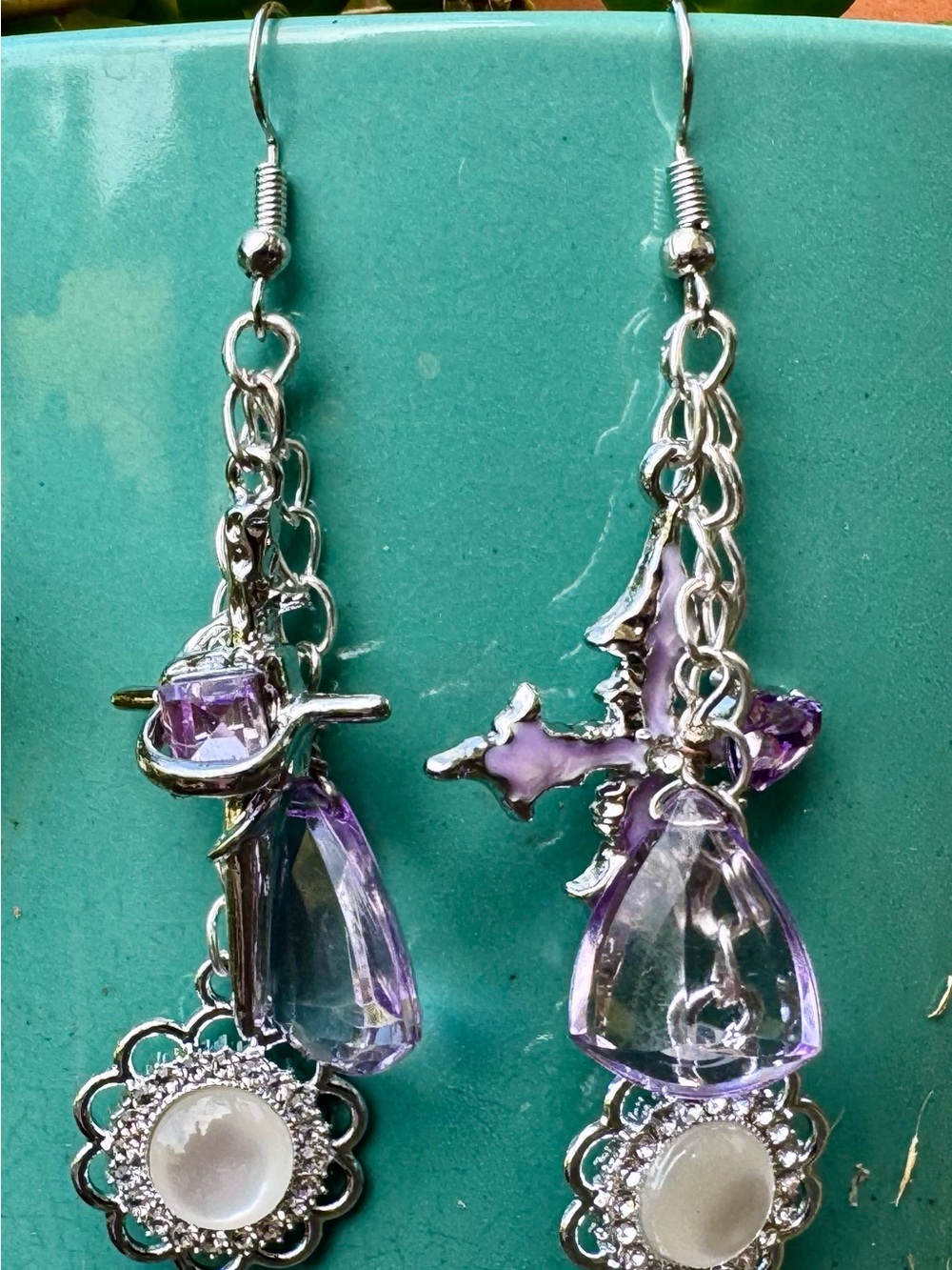 Silver-Tone Purple Crystal Drop Earrings - Women Jewelry